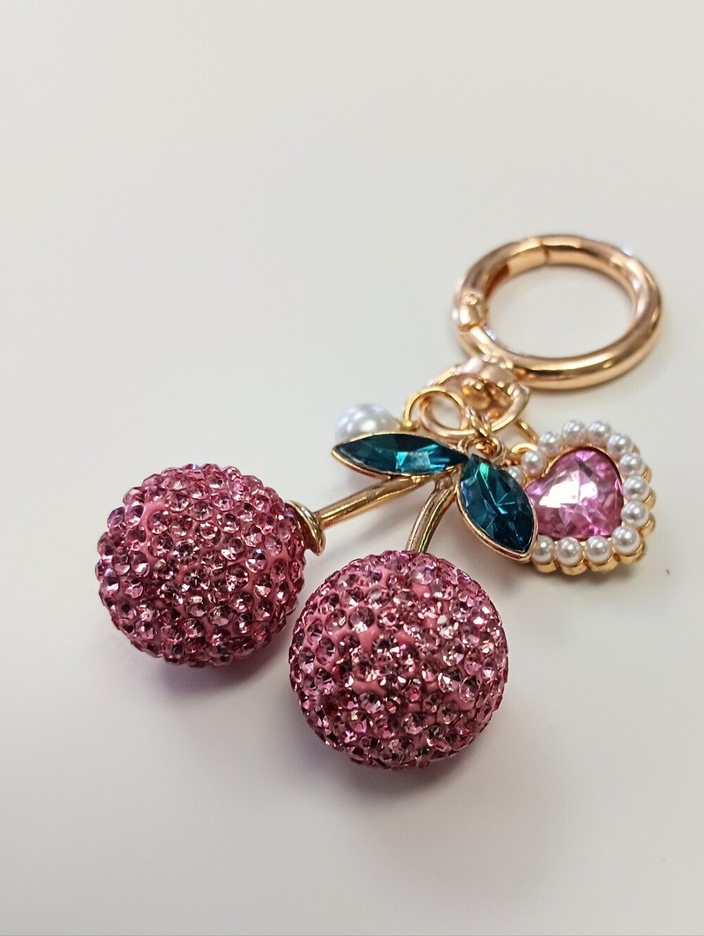 Pink Cherry Keychain with Heart Charm - Picture 1 of 10